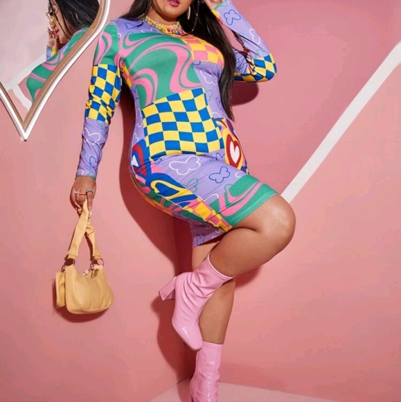 Plus Floral & Checker Print Bodycon Dress 3X NWOT - Picture 5 of 8